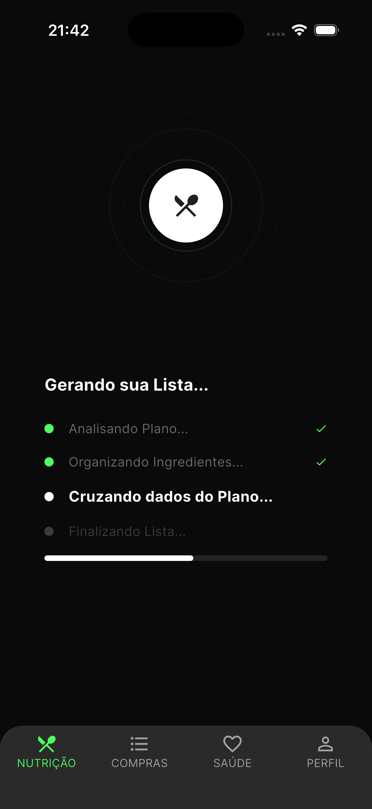 Prévia da Levia em desenvolvimento usando IA para analisar um plano alimentar, organizar ingredientes e gerar a lista de compras