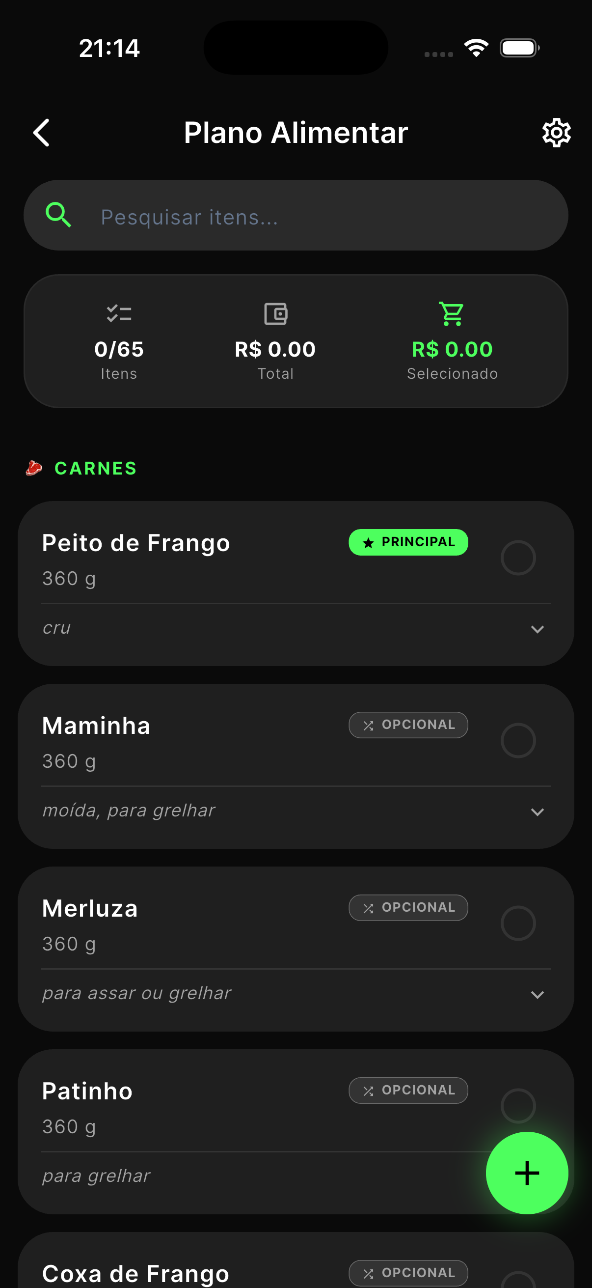 Prévia do plano alimentar da Levia em desenvolvimento organizado como lista de compras