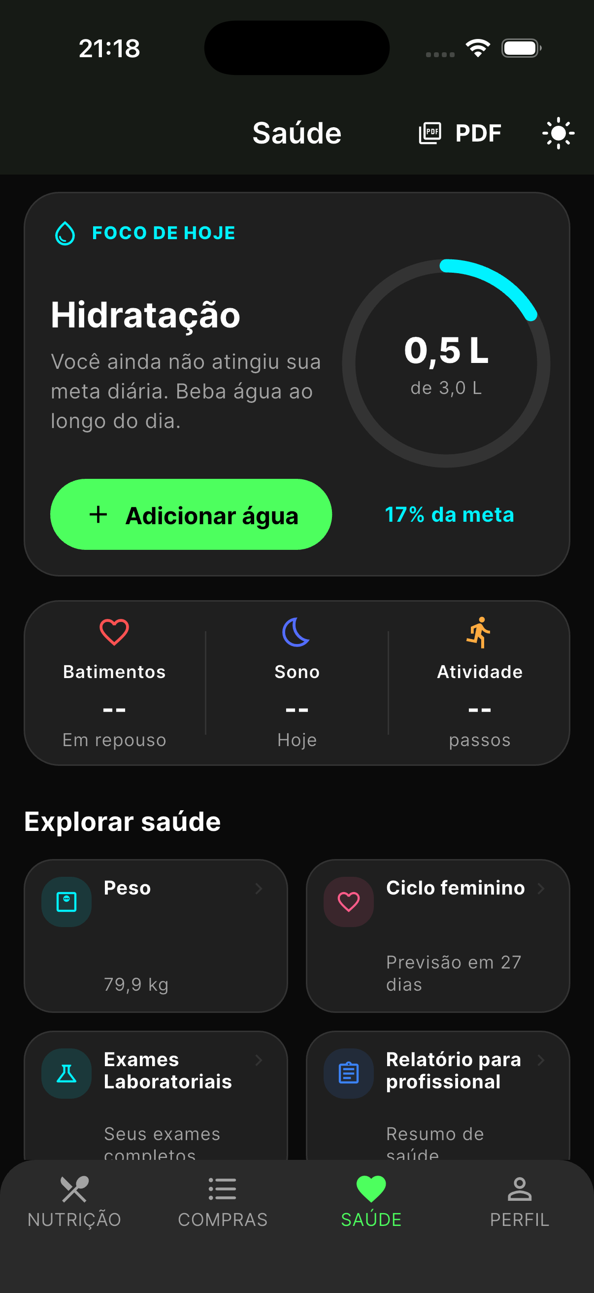 Prévia da Levia em desenvolvimento com hidratação, sono, atividade, peso, ciclo, exames e relatório para o profissional